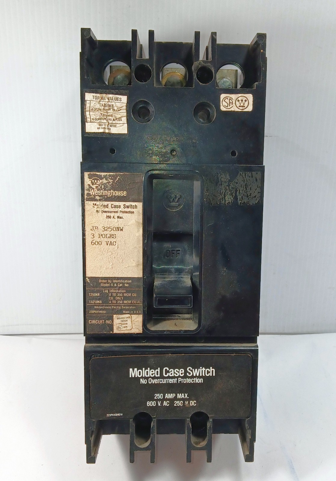 1 USED WESTINGHOUSE JB 3250NW 3P 250A CIRCUIT BREAKER ***MAKE OFFER**