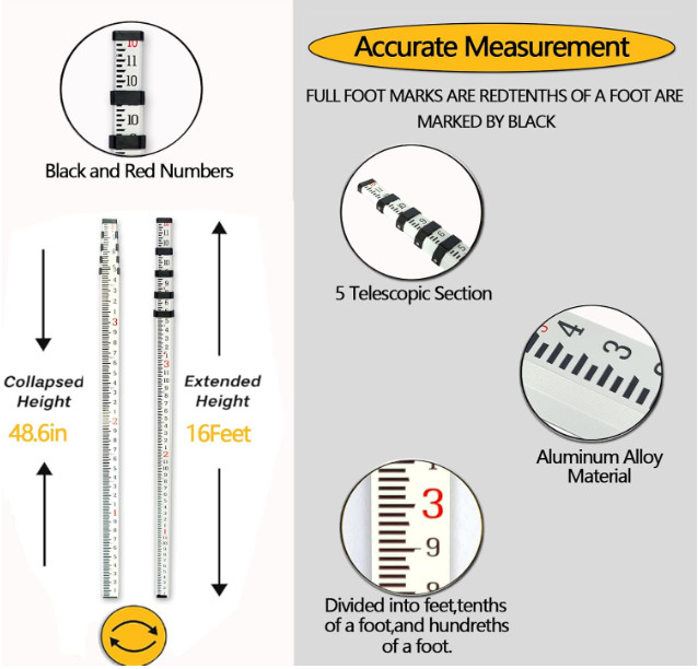 Grade Rod，16-Foot Aluminum Grade Rod – 10ths，Grade Stick for Laser Level，Surv…