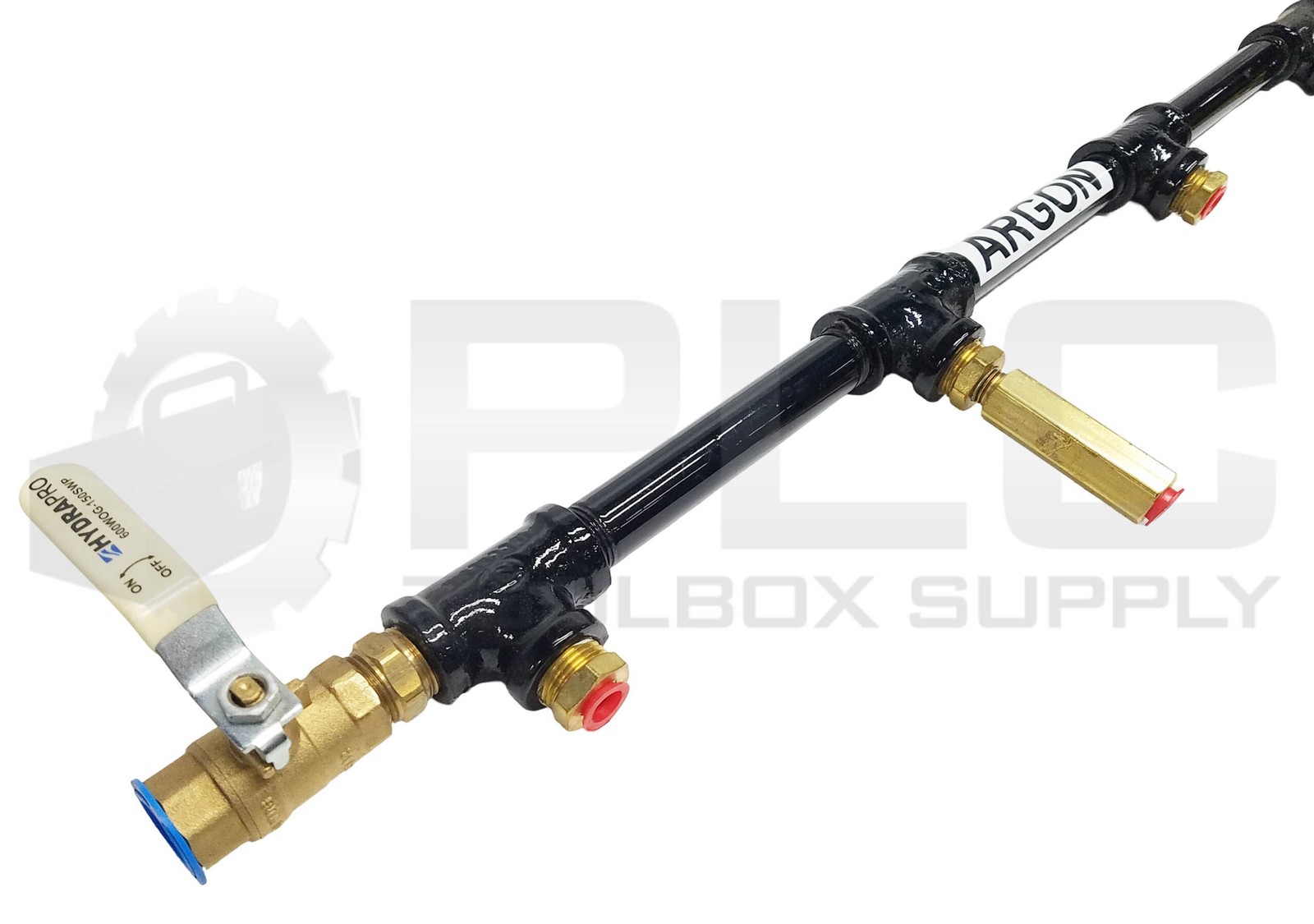 NEW ARGON GAS MANIFOLD 4-PORT w/ HYDRAPRO 600WOG-150WP VALVE, LOA 29″, 1/2″ NPT