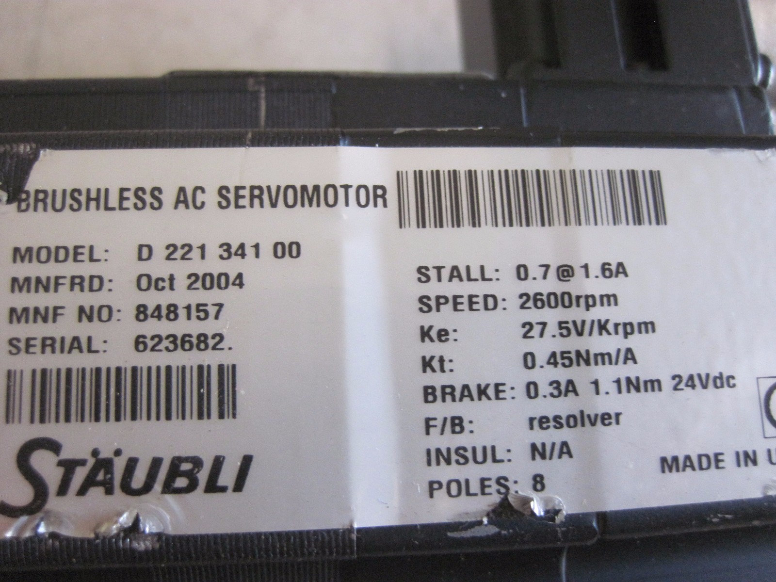 100% WARRANTY Staubli D 221 341 00 Servo Motor & Matrix 1EB012-10 Resolver
