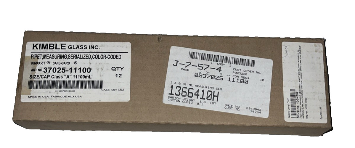 KIMBLE GLASS KIMAX-51 CLASS A MOHR MEASURING, 1mL 37025-11100 PIPET, BOX OF 12