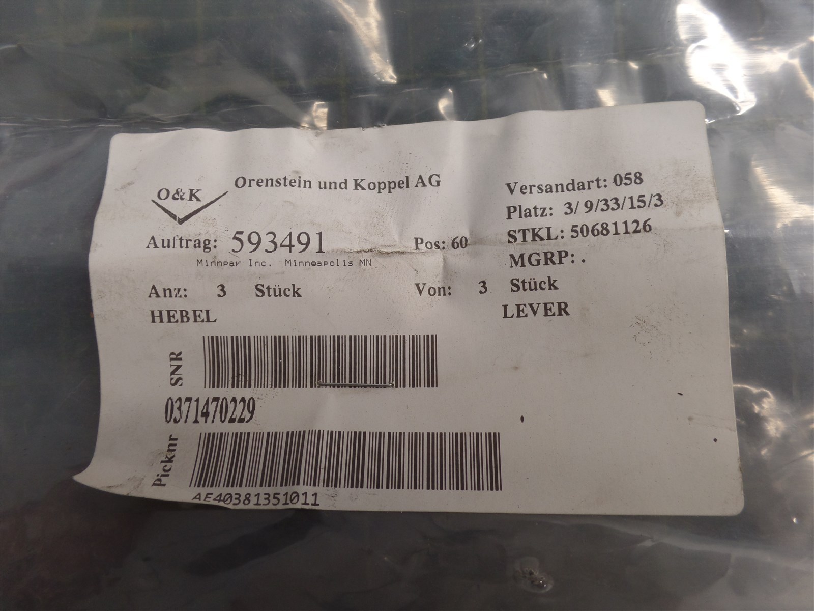 GENUINE TROJAN O&K 10147022900 LEVER, TEREX 10-147022900, NOS