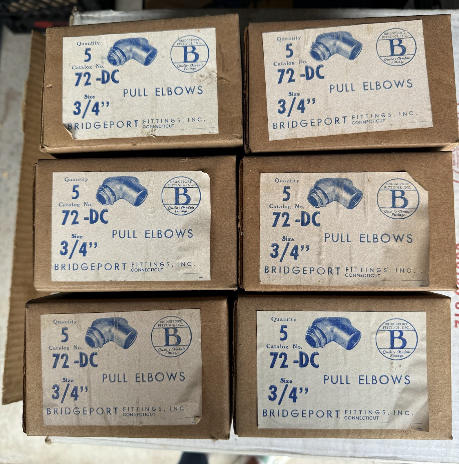 Lot Of 6 Boxes (5 Per Box) Bridgeport 72-DC 3/4″ Pull Elbows