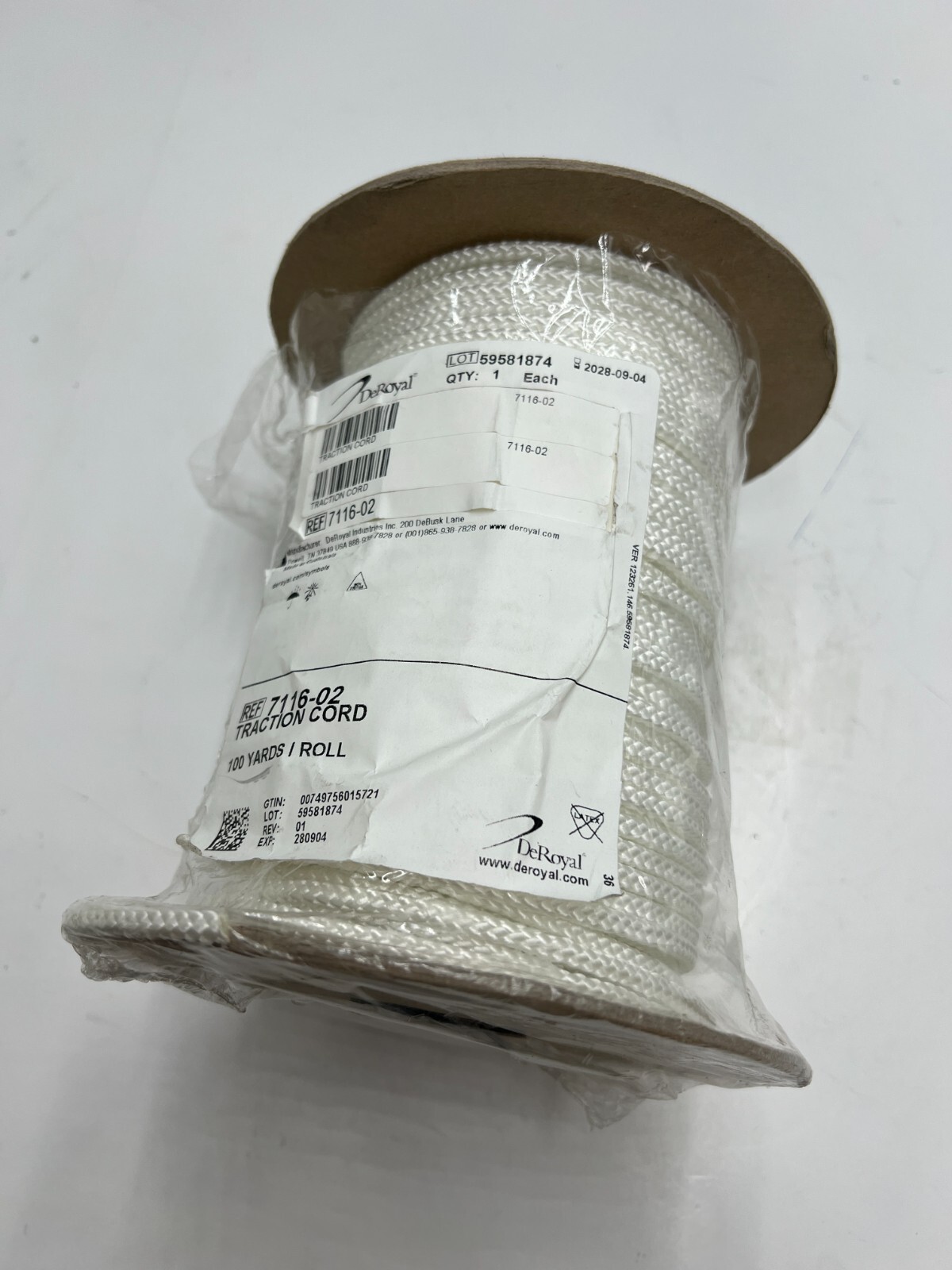 DeRoyal Traction Cord 100yd Roll White 7116-02 Polypropylene Non Sterile