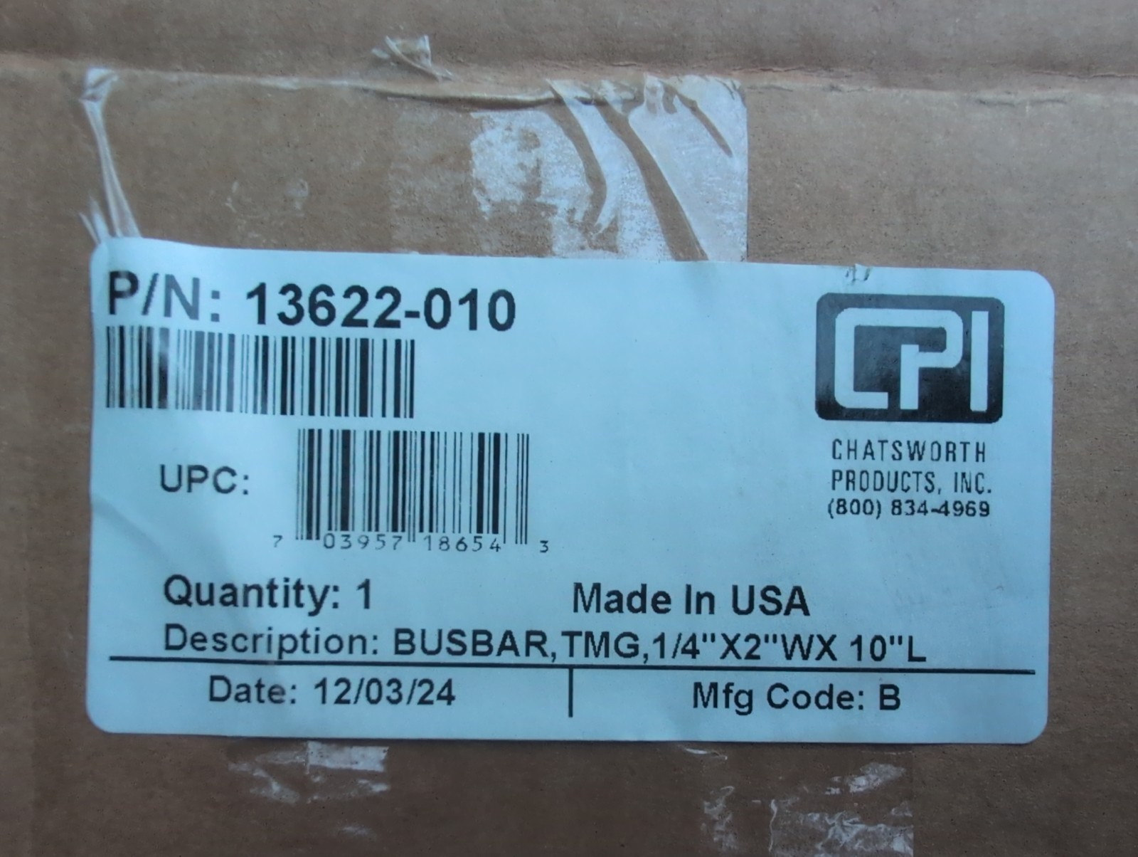 Chatsworth Products Busbar 13622-010 New Open Box, 1/4x2x10 Copper Bus Bar