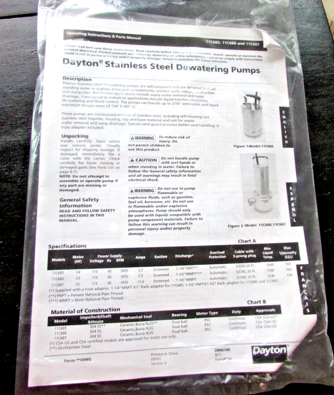 Dayton 11C686 Submersible Dewatering Pump 1/3HP 115V 75A 60Hz