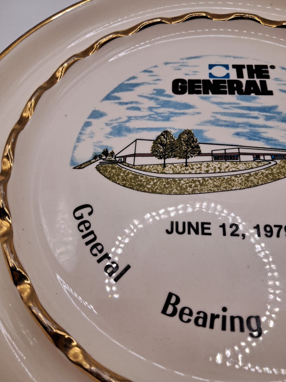General Bearing Corporation Advertising Gold Trim Ceramic Ashtray Trinket Dish
