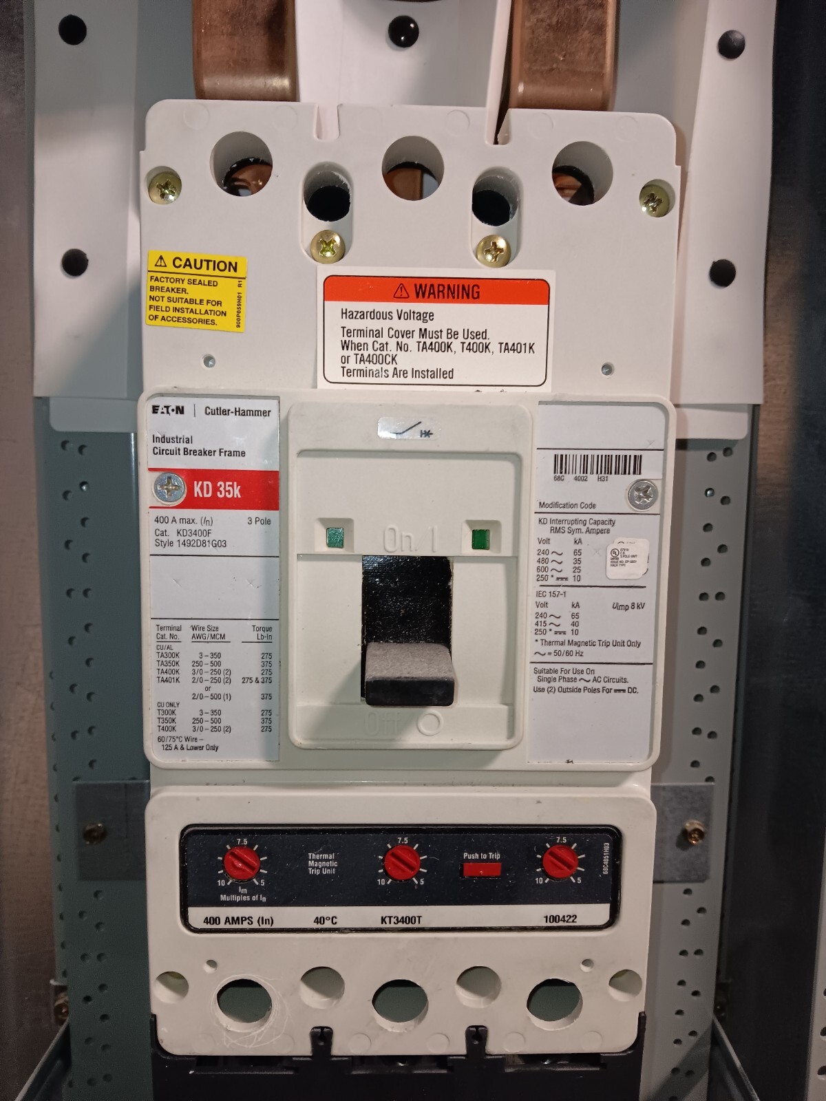 EATON PRL2A 400 AMP MAIN BREAKER PANELBOARD 42 CIRC 480Y/277 VAC 3Ø KD3400F MAIN