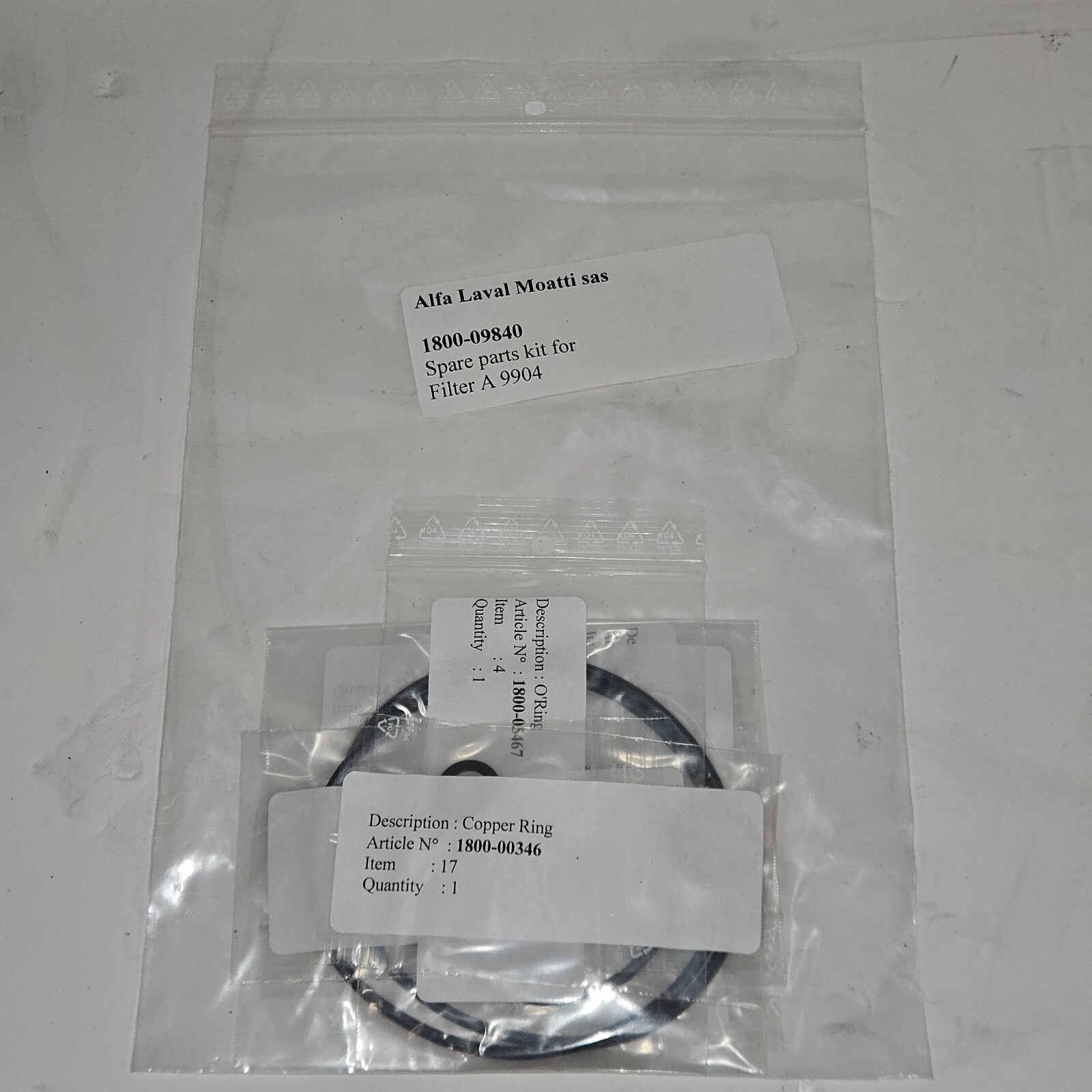 Alfa Laval 1800-09840 Spare Parts Kit for Filter A9904 – New