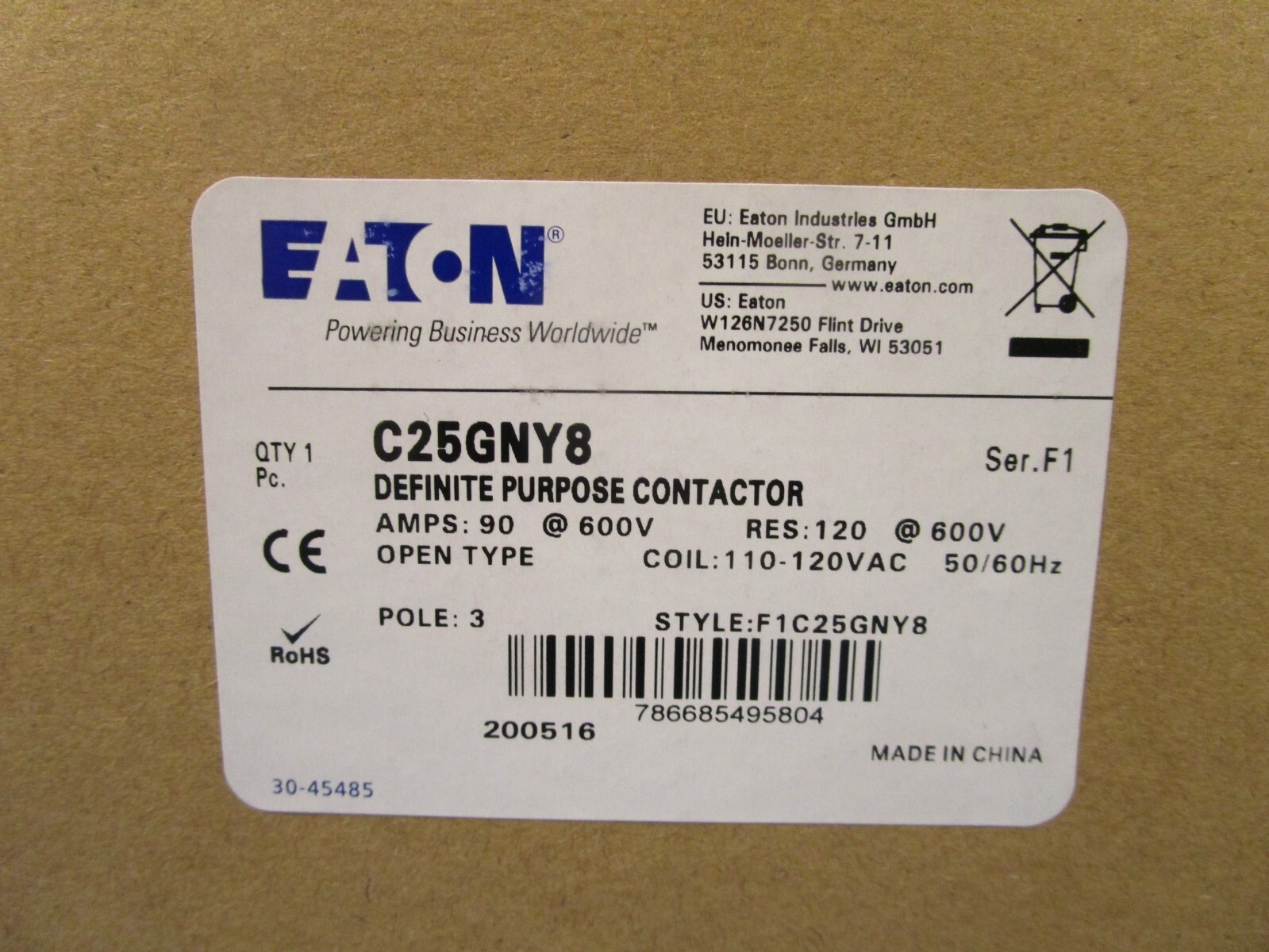 Eaton C25GNY8, Definite Purpose Contactors Non-Reversing 3P 90A 120V 50/60Hz