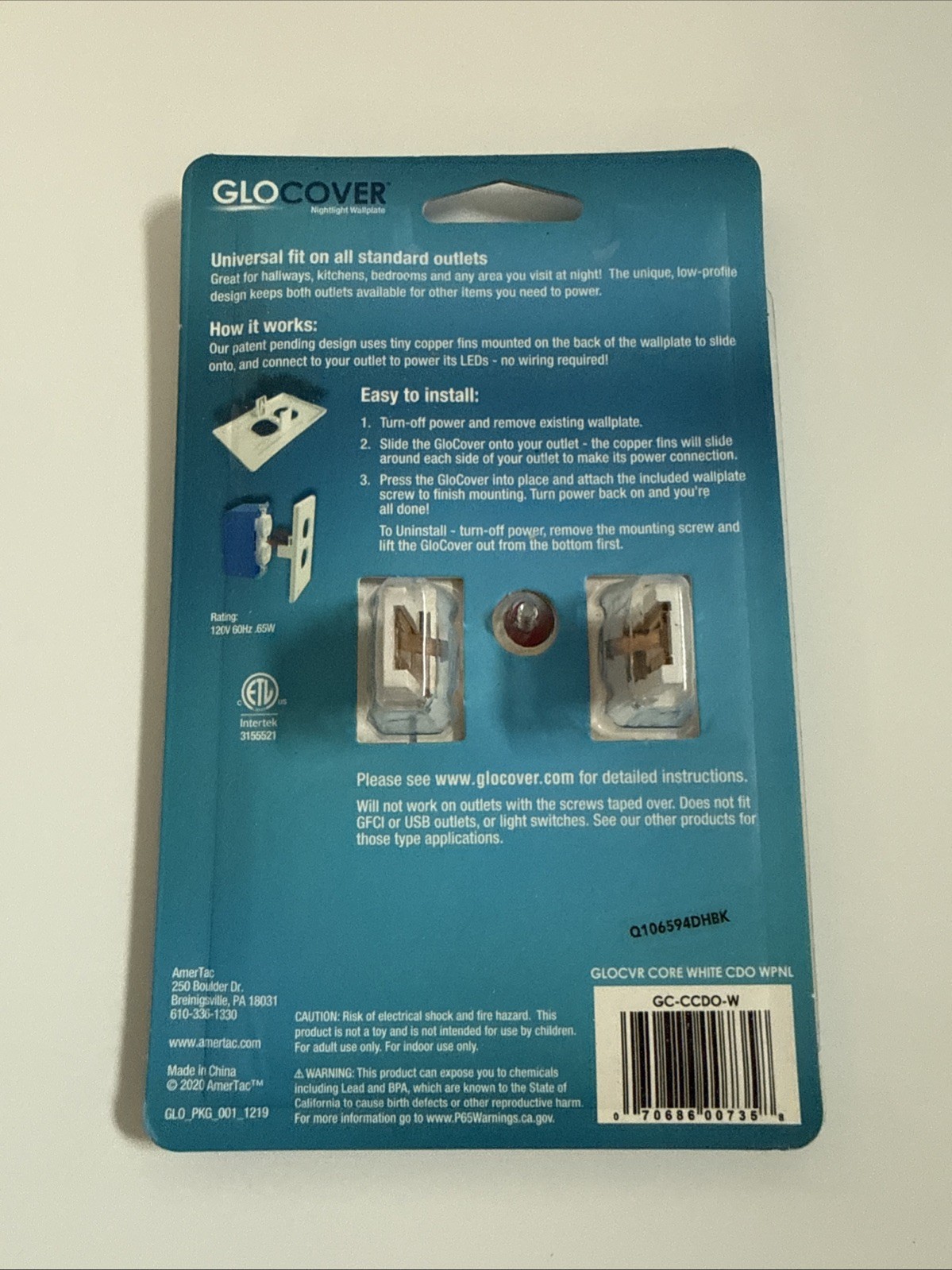 GloCover Deco Outlet Motion Activated Wall Plate Night Light Plastic White