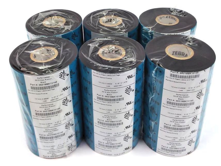 Zebra 5.16″ x 1476′ Thermal Transfer Wax Ribbons 05319BK13145 – 6 Rolls Genuine