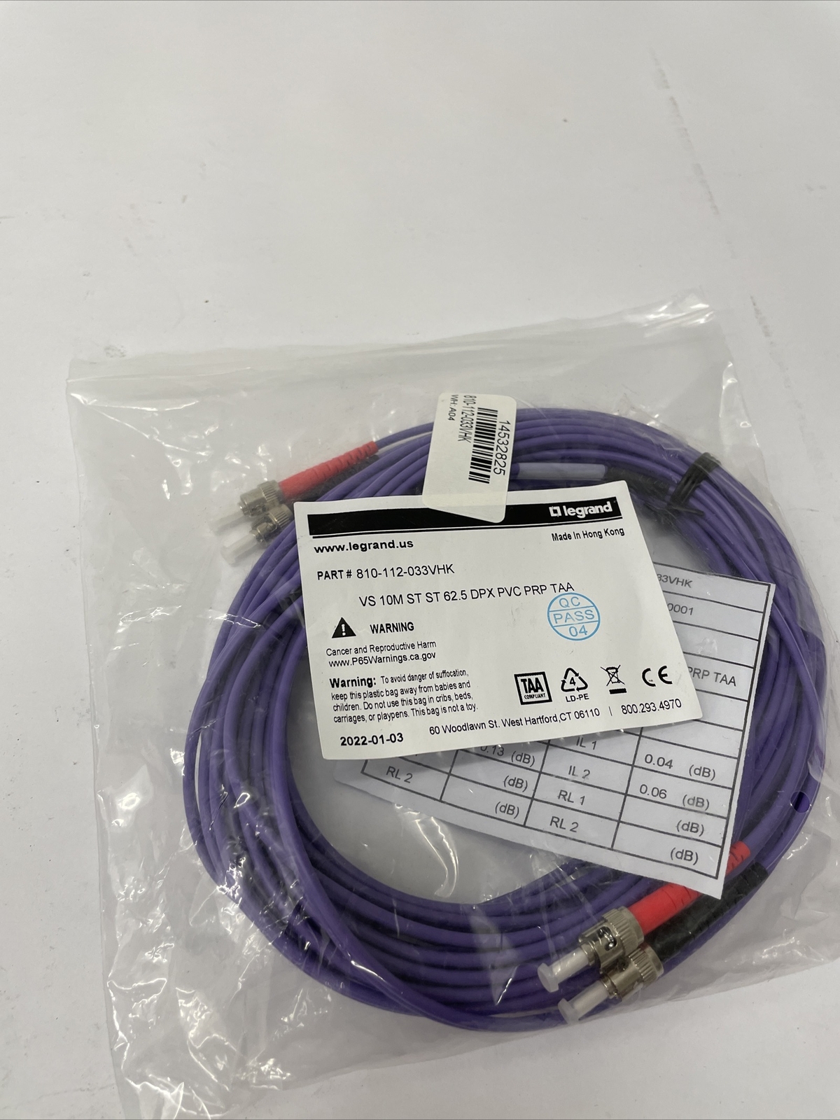 C2G 10M 62.5/125 DPX 3.0MM St-St PVC Violet 810-112-033VHK