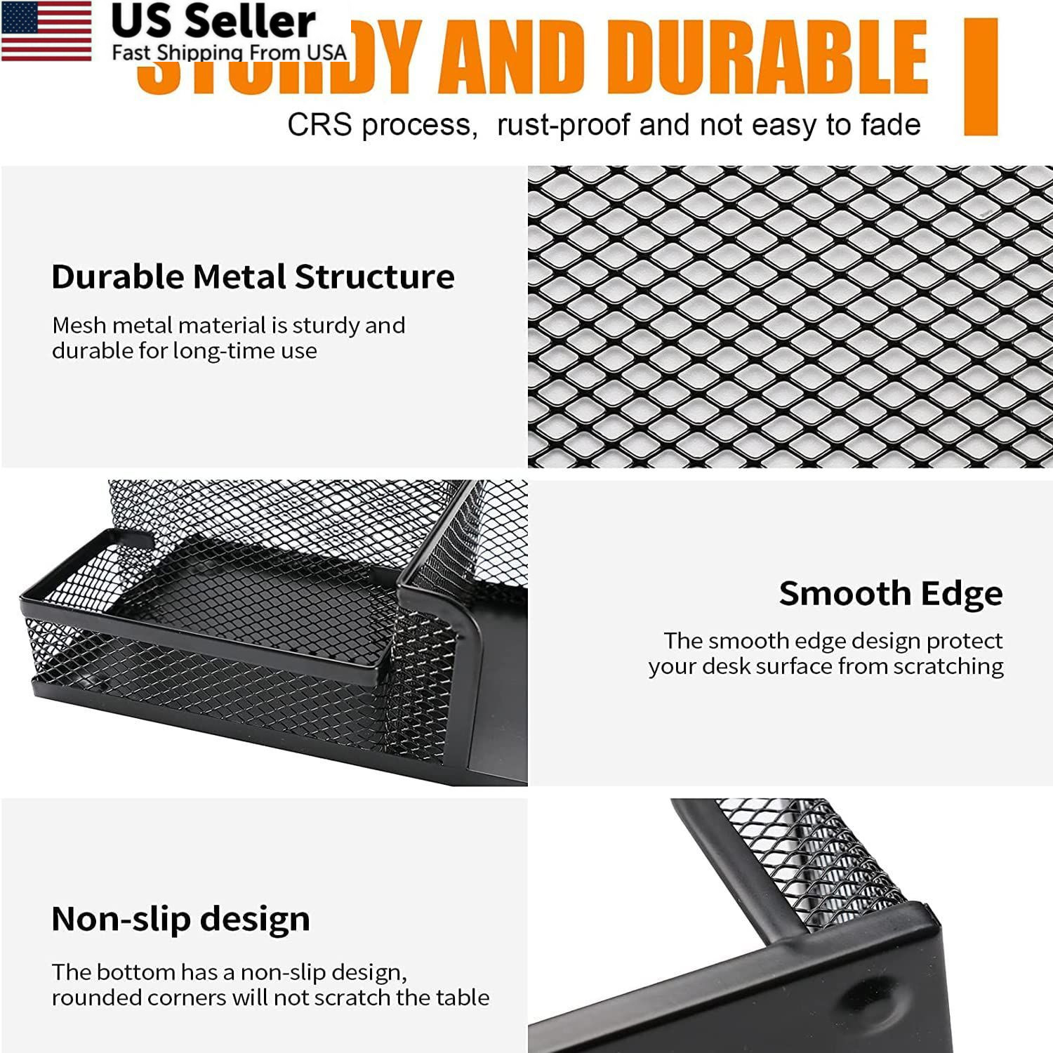 Pen Holder for Desk, Desk Organizers Set-3 Compartments Mesh Rectangle, Black