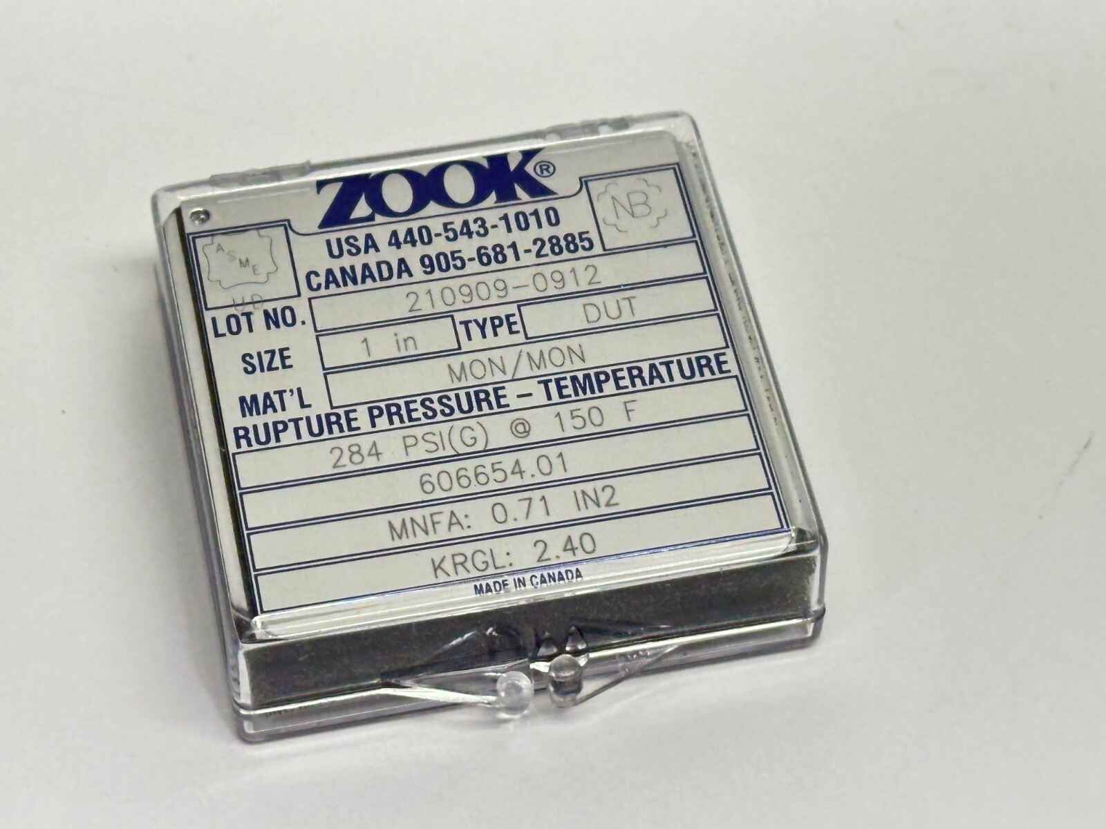 ZOOK D-0025-U00129 210909-0912 DUT Series 1″ Rupture Disk 284PSIG 150F 606654.01