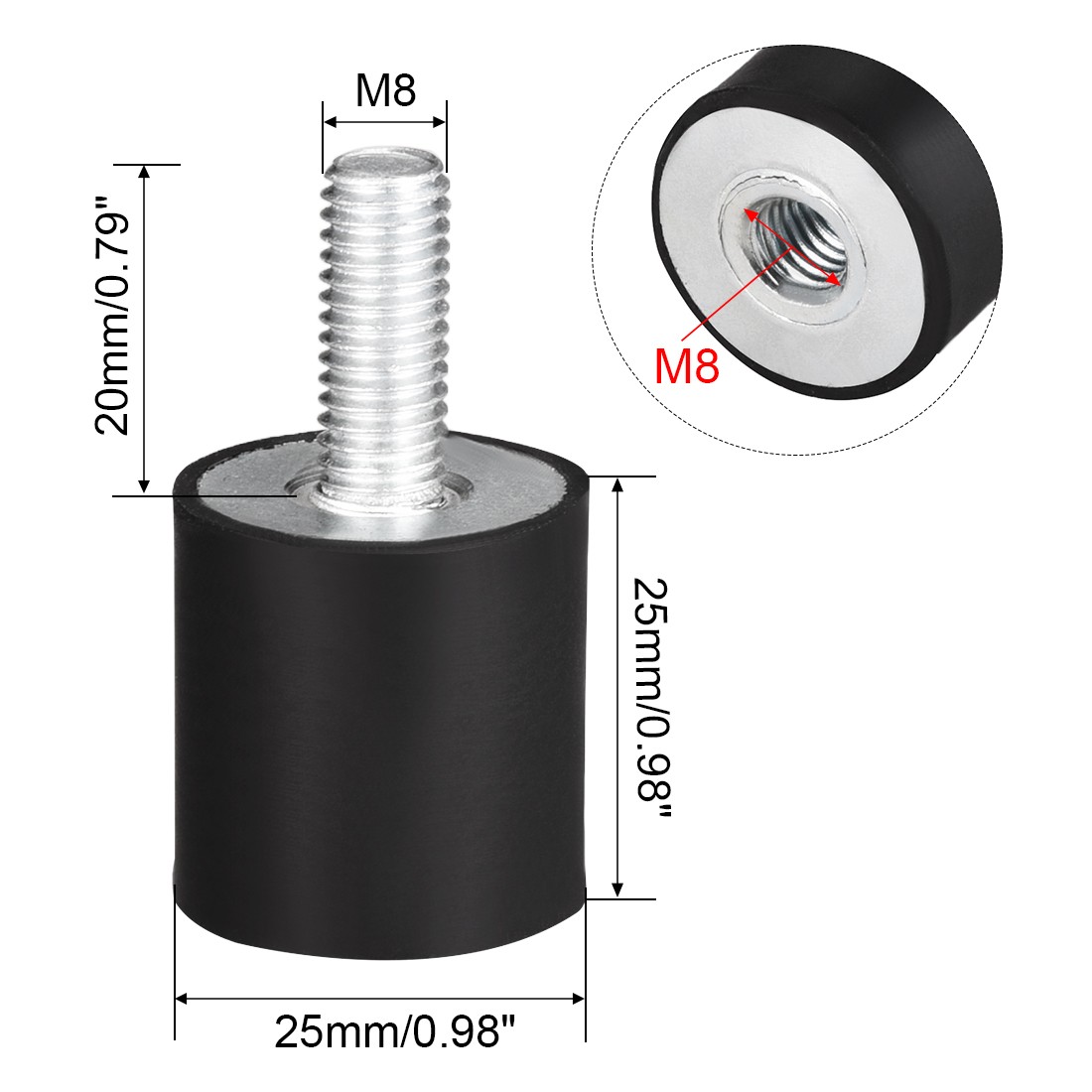 25mm x 25mm M8 Male Female Rubber Mounts Black Vibration Isolators 2pcs