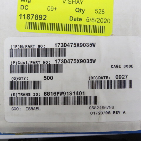 VISHAY 173D475X9035W Qty of 100 per Lot CAP TANT 4.7UF 10% 35V