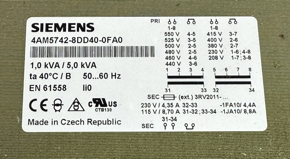 SIEMENS 4AM5742-8DD40-0FA0 1-5 KVA, MULTI TAP PRI. 208-550V SEC. 115V/230V 1PH