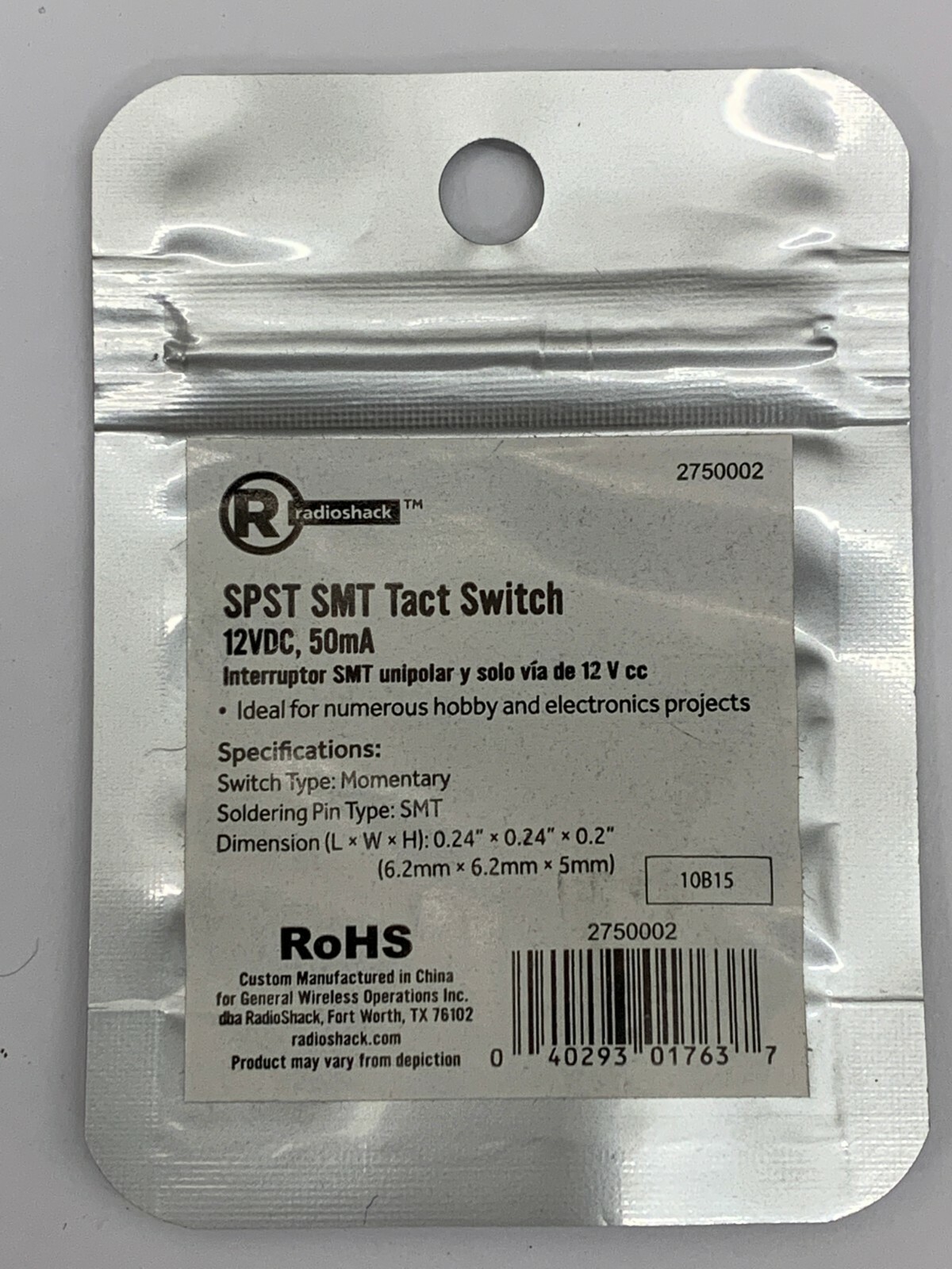 Pack of 1 Radio Shack 5.0 MM High Tact Switch 50mA 12VDC SPST 275-0002 2750002