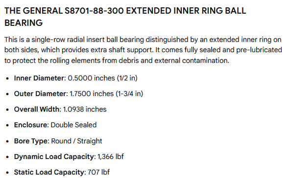 1 NEW THE GENERAL S8701-88-300 EXTENDED INNER RING BALL BEARING NIB *MAKE OFFER*