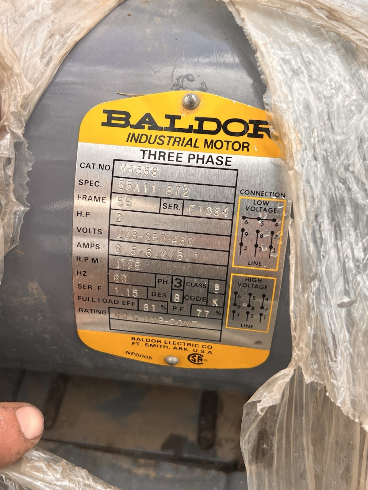 BALDOR M3558 2HP 35A11-872 208-230/460V 6.5-6.2/3.1A 1725RPM