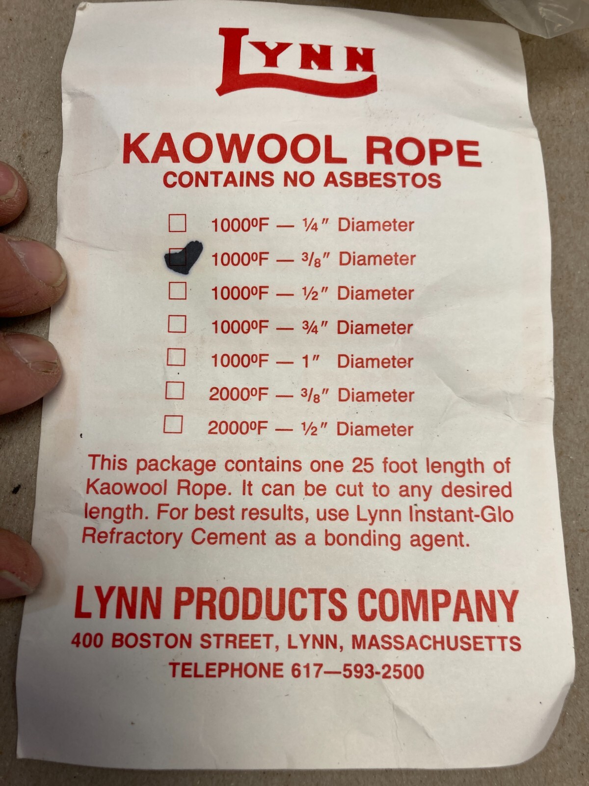 Lynn Kaowool Thermo Rope 3/8″ x 25′ High Temp Rope