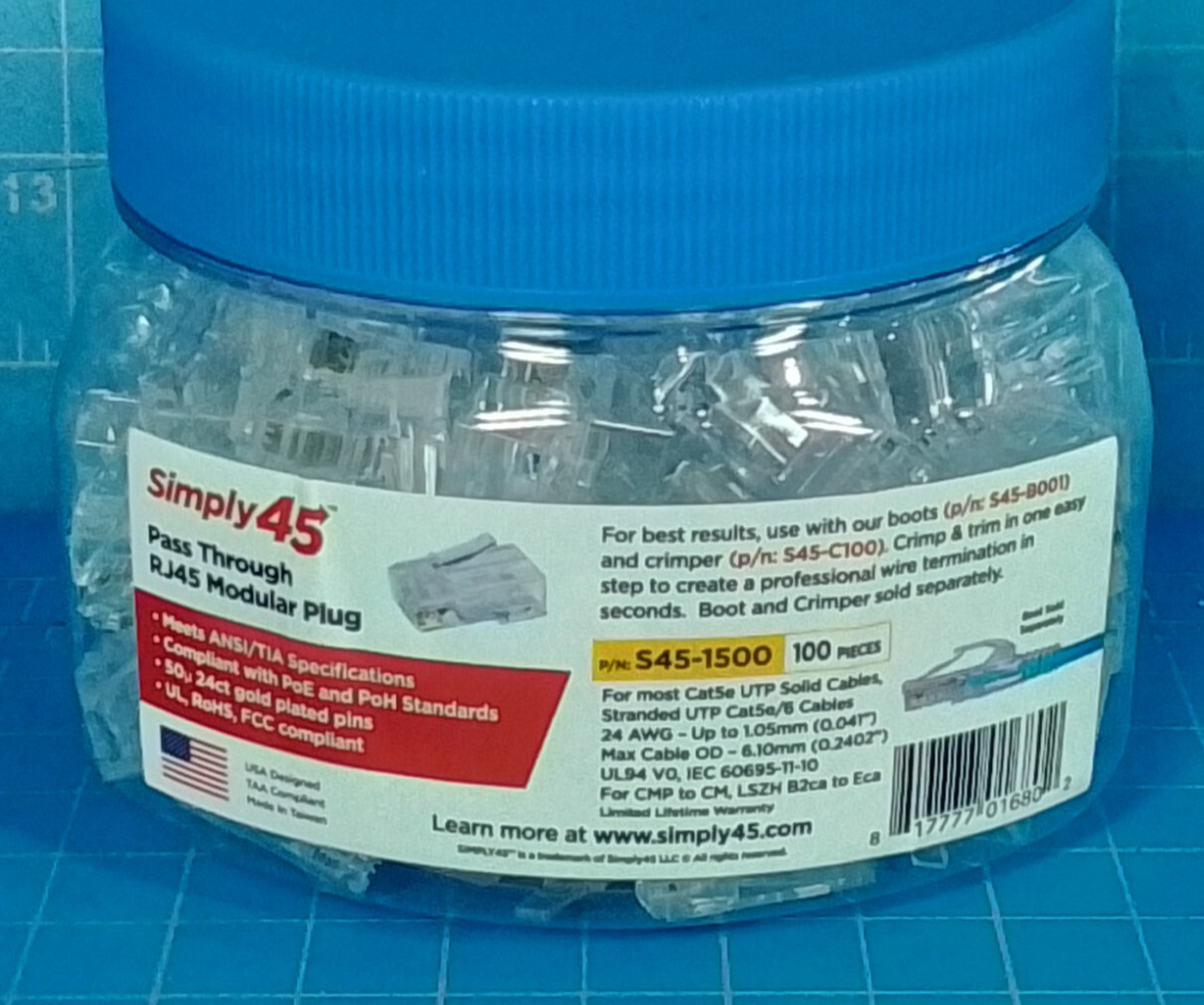 Simply45 S45-1500 Cat5E Unshielded Pass-Through RJ45 Modular Plugs 100 pc/Jar