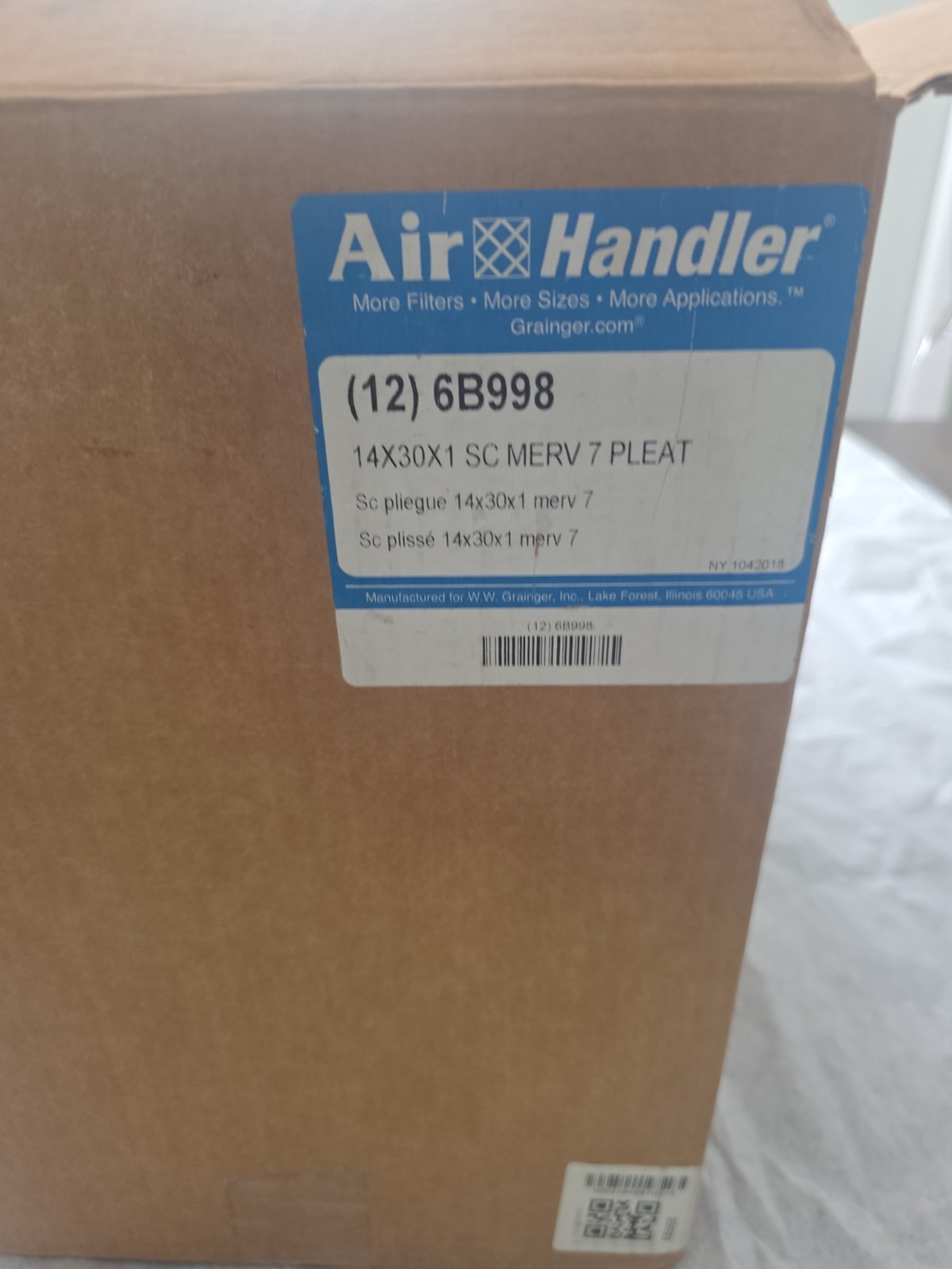 12 Air Handler 6B998 14x30x1 Merv 7 Standard Capacity Pleated Fiberglass Filters