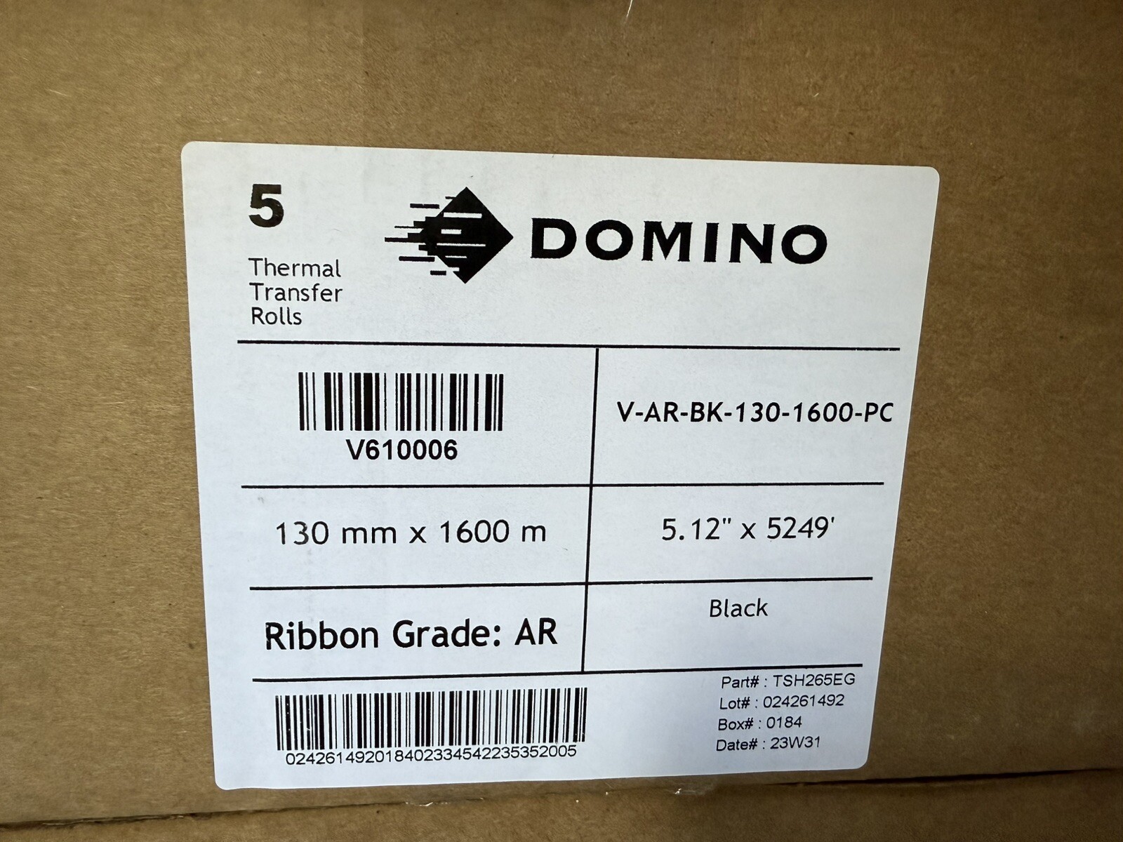 Box Of 5 Domino V-AR-BK-130-1600-PC Transfer Ribbon AR Black 130mm X 1600m *New
