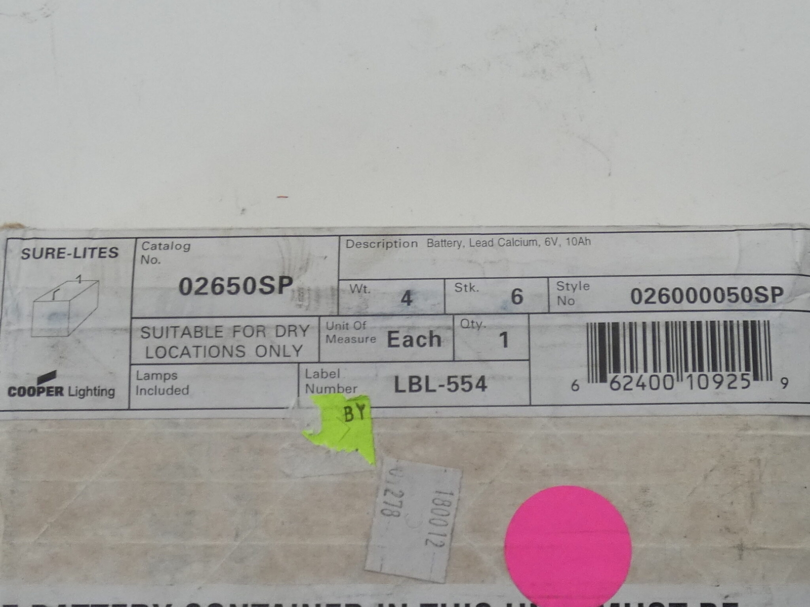 Cooper Lighting Sure-Lites 02650SP Emergency Battery 6V 10Ah – NEW Surplus!