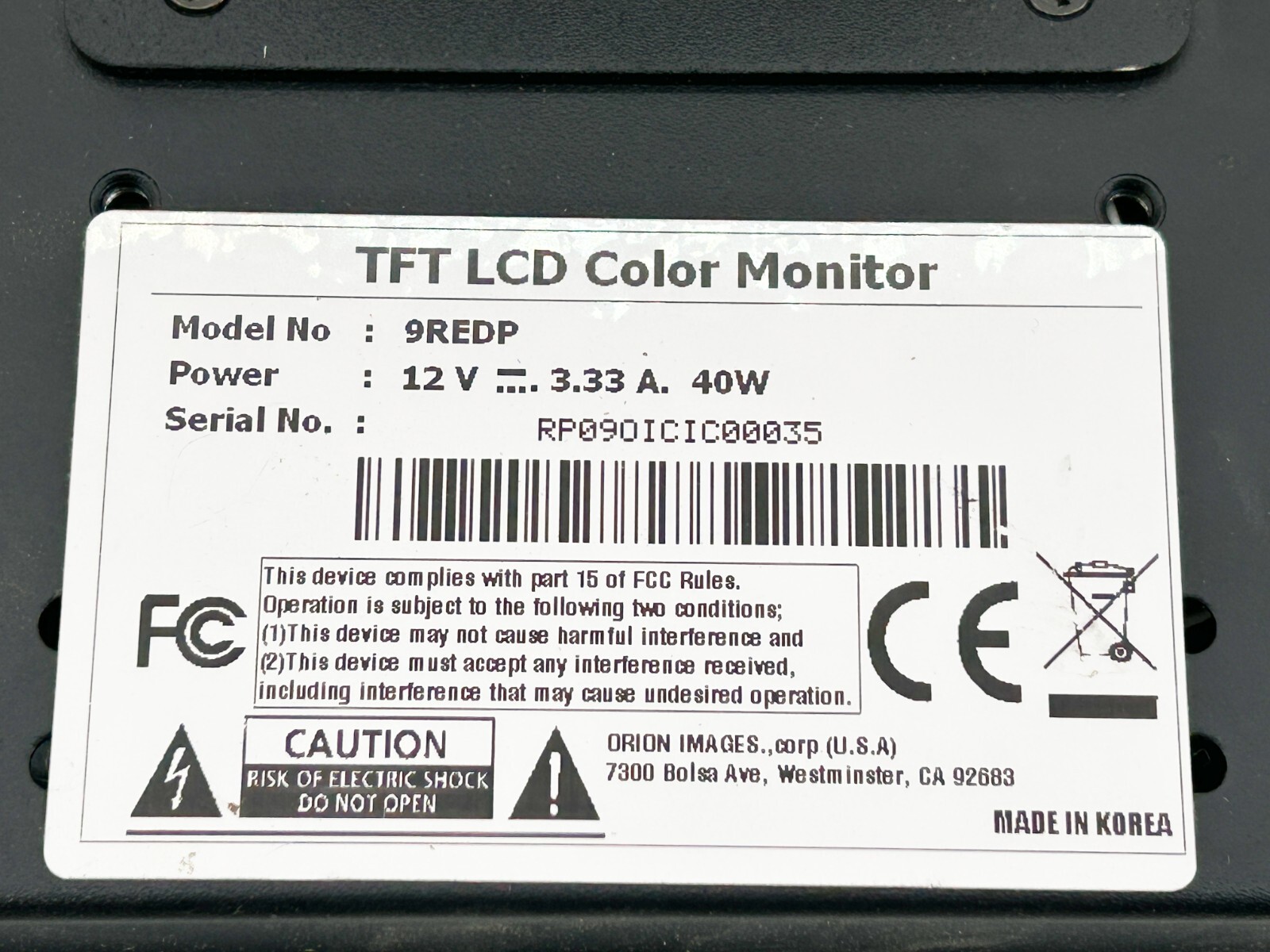 Orion 9REDP 9.7″ TFT LCD Color Monitor” 12V 40W 3.33A