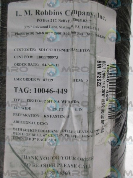 L.M.ROBBINS E8/2UO/U2 WHITE FDA A4″W 20FT 6IN CONVEYOR BELT NSNP