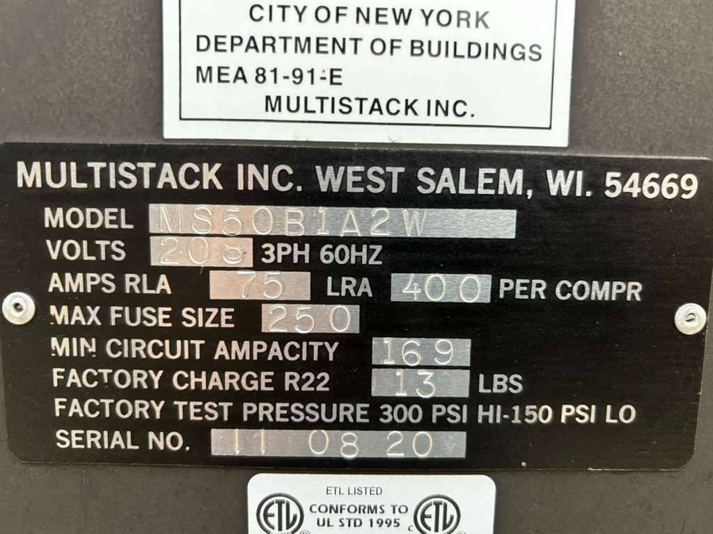 Multistack Water Cooled Chiller Model MS50B1A2W S/N: 11 08 20 w/ SWEP B45X60