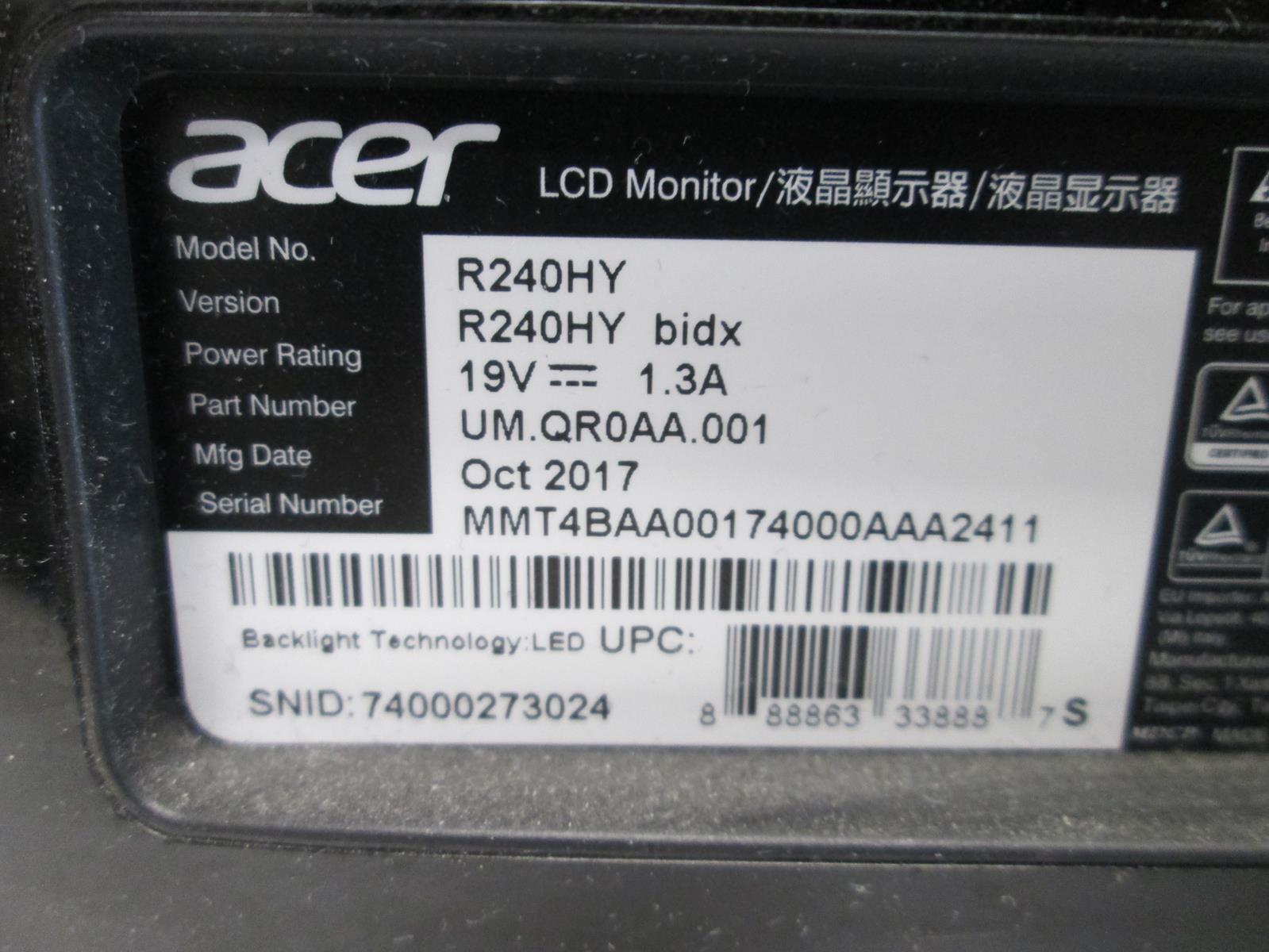 ACER R240HY 24″ IPS HDMI DVI VGA WIDESCREEN MONITOR ONLY