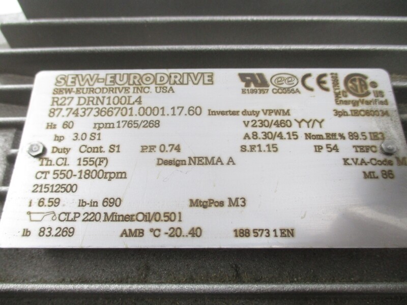 SEW-EURODRIVE R27DRN100L4 230/460V 8.30/4.15A NSNP