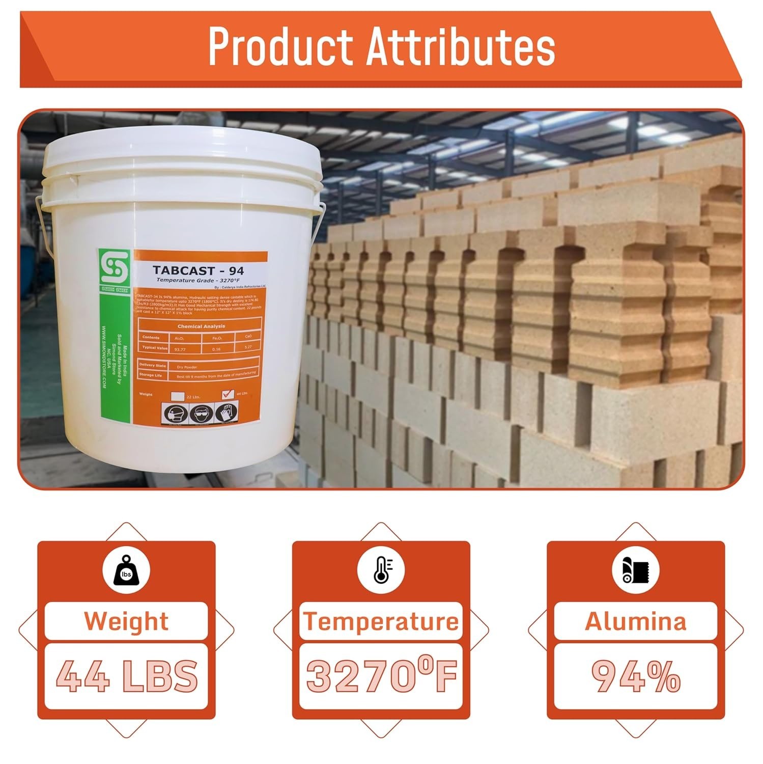 94% Alumina Dense Castable Refractory Cement 44 Lbs.
