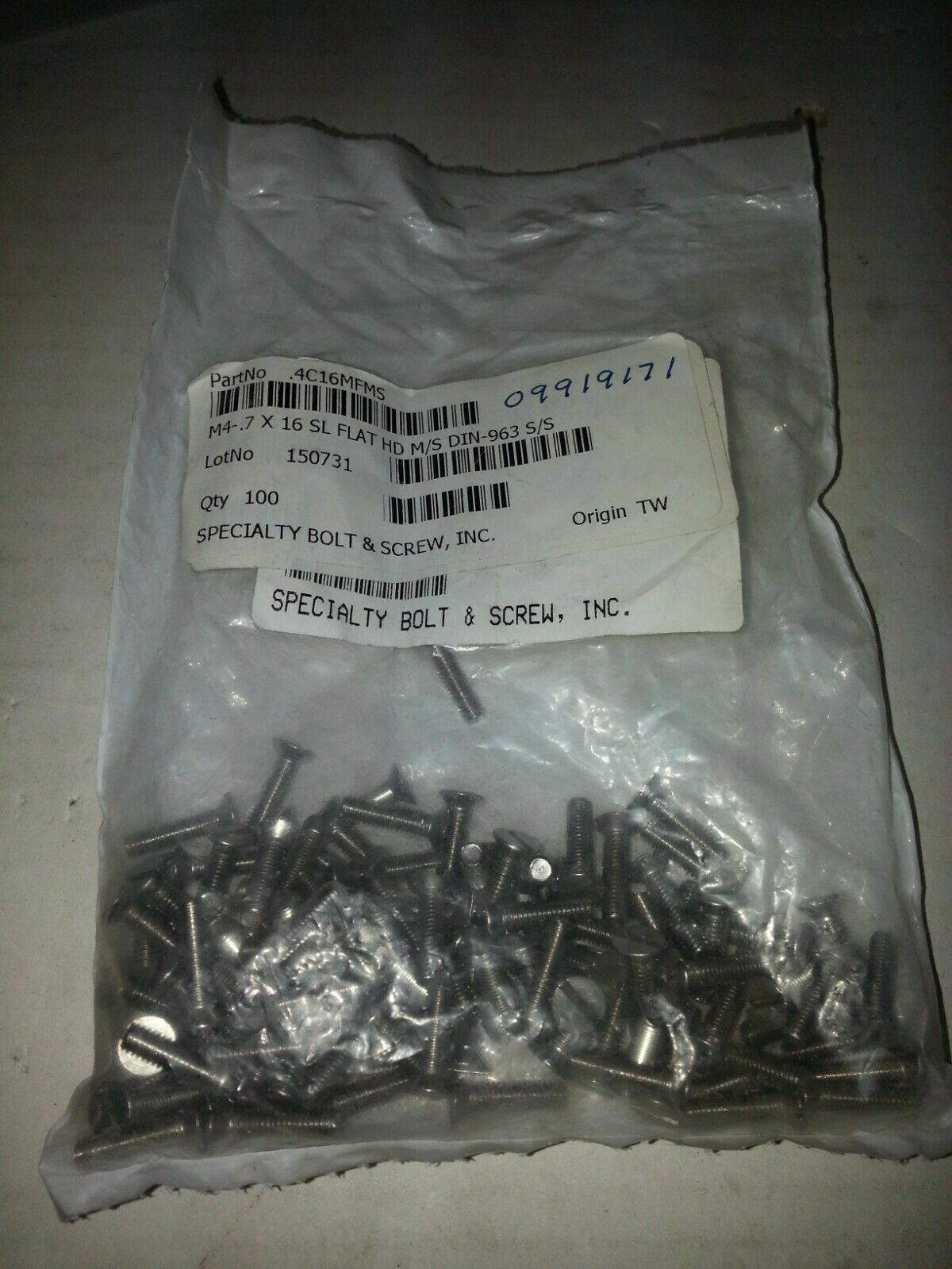 SPECIALTY 4C16MF M4-0.7X16 SL FLAT HD M/S DIN-963 S/S BOLT SCREW .. APROX 100