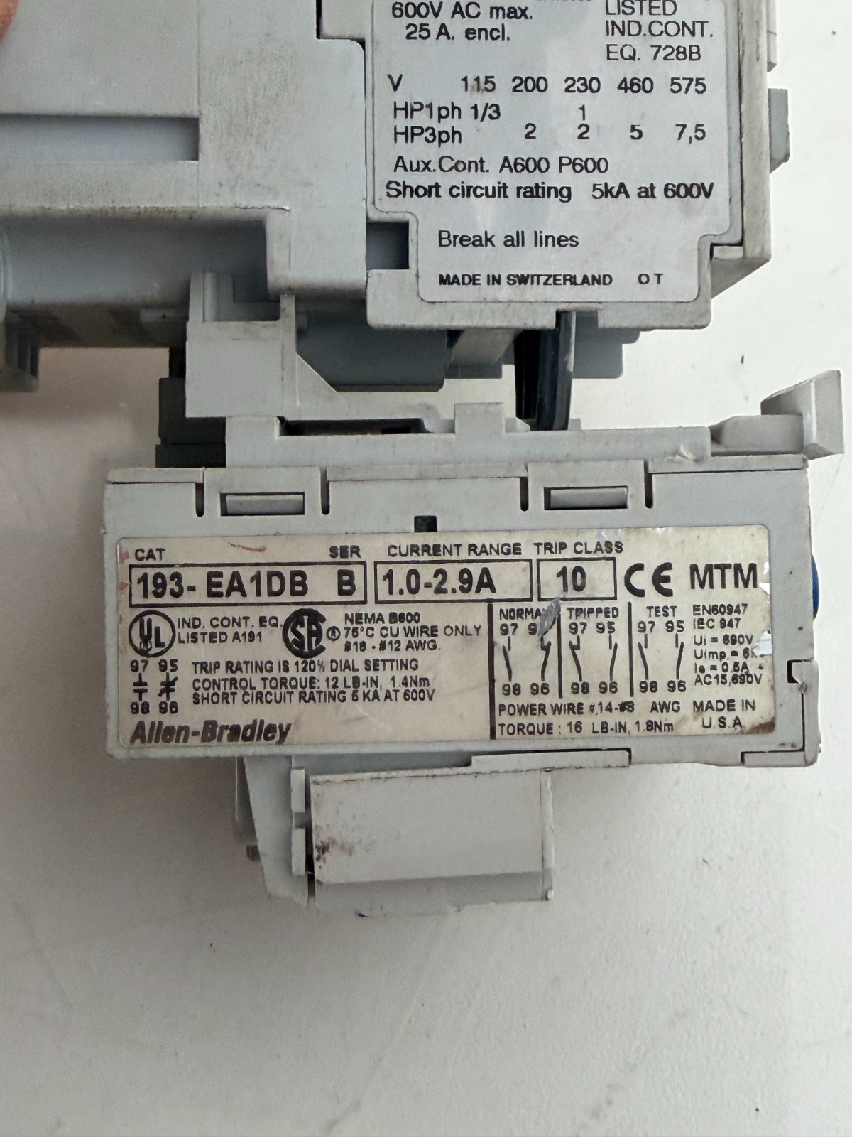 ALLEN BRADLEY 100-C09*10 /A CONTACTOR 600VAC 25A 193-EA1EB /A OVERLOAD RELAY (34