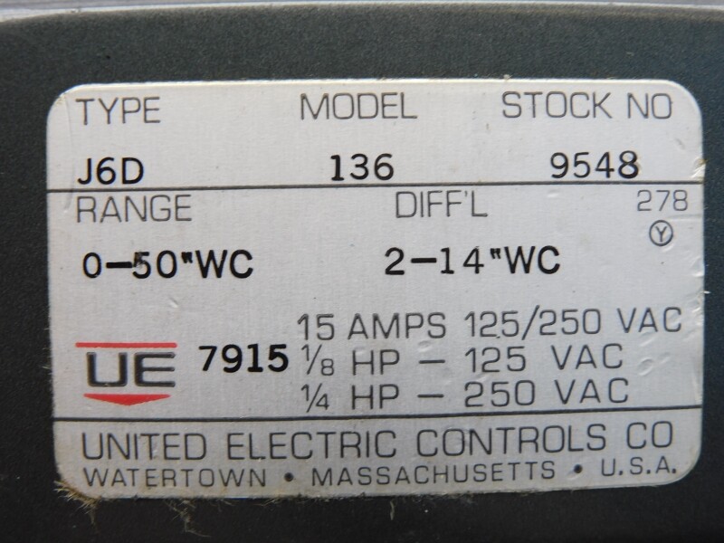 UNITED ELECTRIC J6D-136 250VAC 15A 0-50″WC NSNP