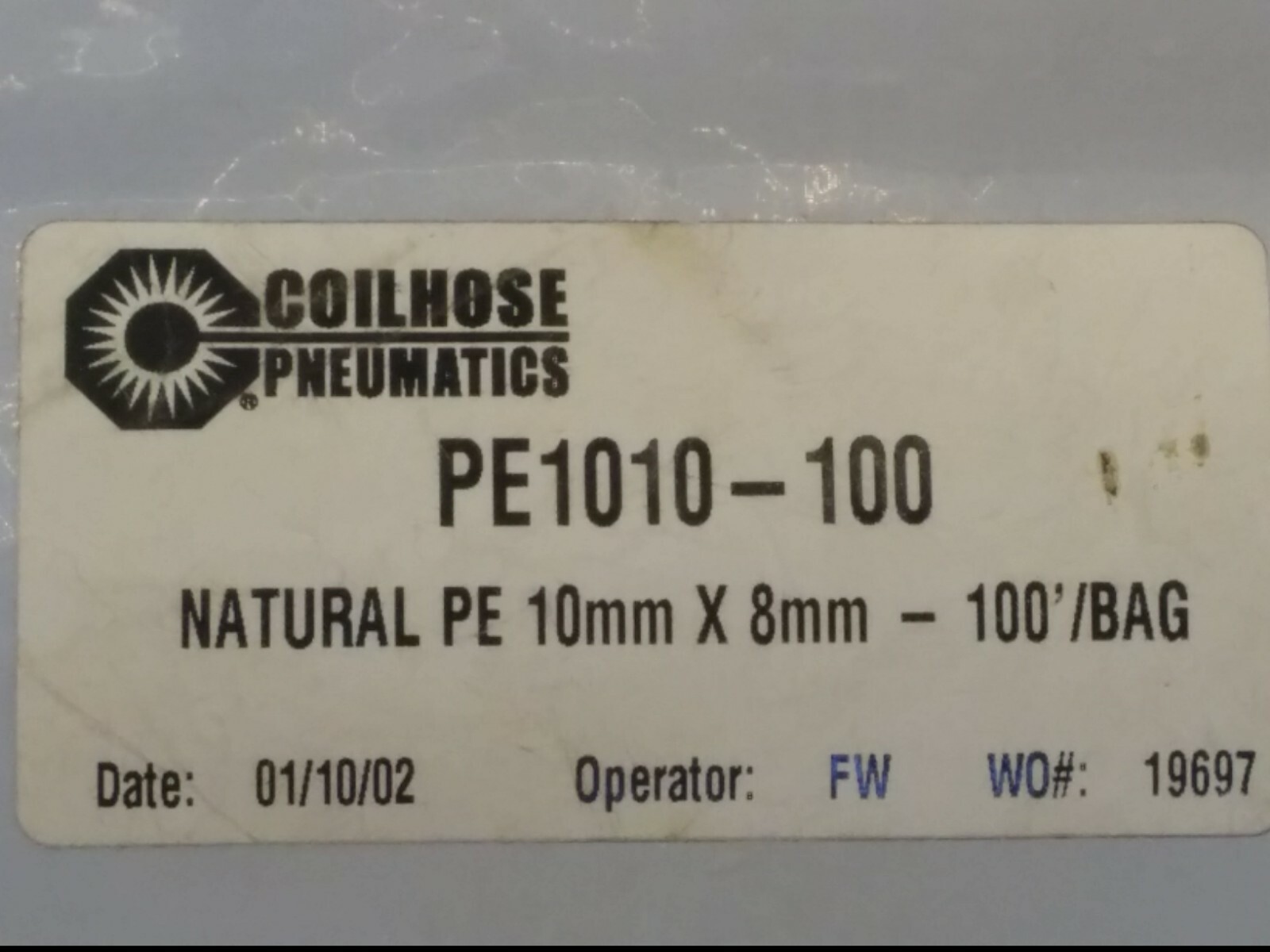COILHOSE PNEUMATICS PE1010-100 NATURAL PE 10mm x 8mm x 1mm – 100′ BAG 90 PSI NIB