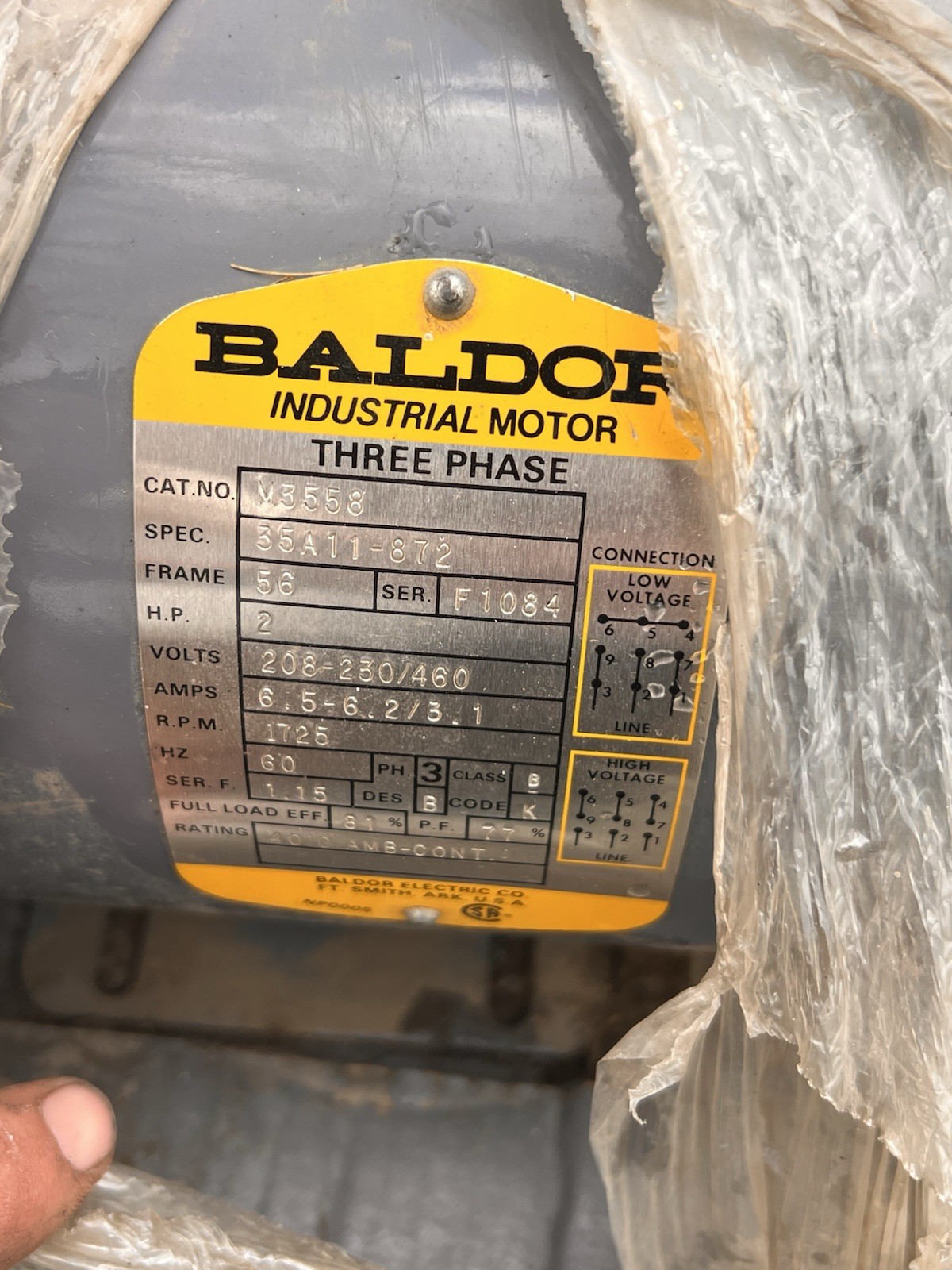 BALDOR M3558 2HP 35A11-872 208-230/460V 6.5-6.2/3.1A 1725RPM