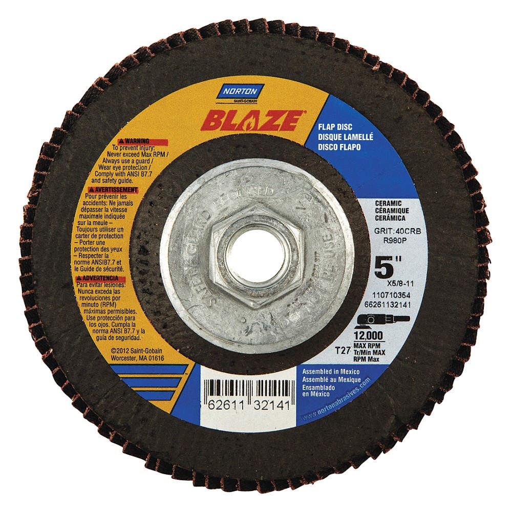 NORTON 66261132141 Flap Disc,Coarse,40 Grit,5″ dia. PK 10