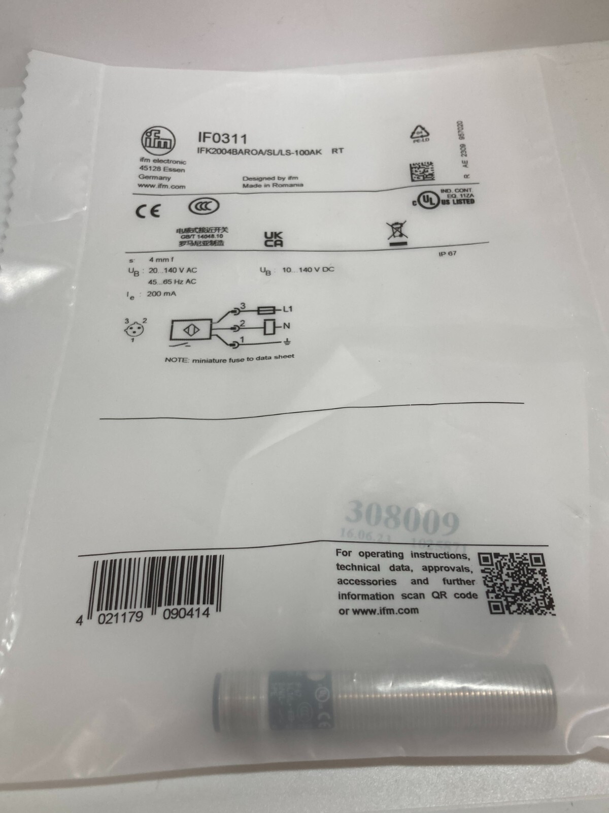 IFM IFK2004BAROA/SL/LS-100AK (IF0311) INDUCTIVE SENSOR 4MM SEN 20-140VAC NIB