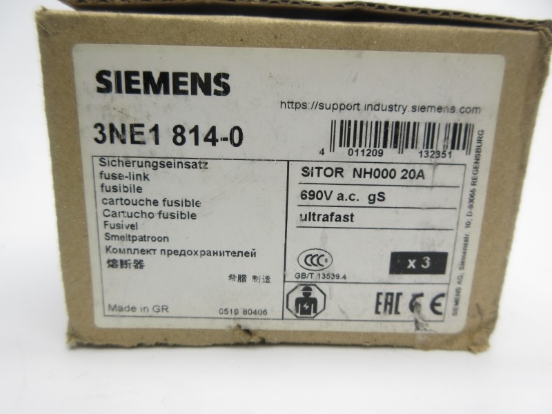 SIEMENS 3NE1814-0 690VAC 20A (PKG OF 3) NSMP