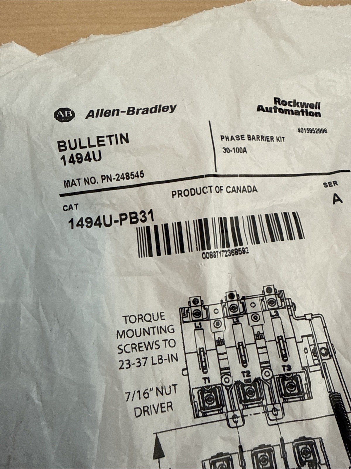 NEW! Allen Bradley AB 1494U-PB31 Phase Barrier Kit 30-100A PN-248545