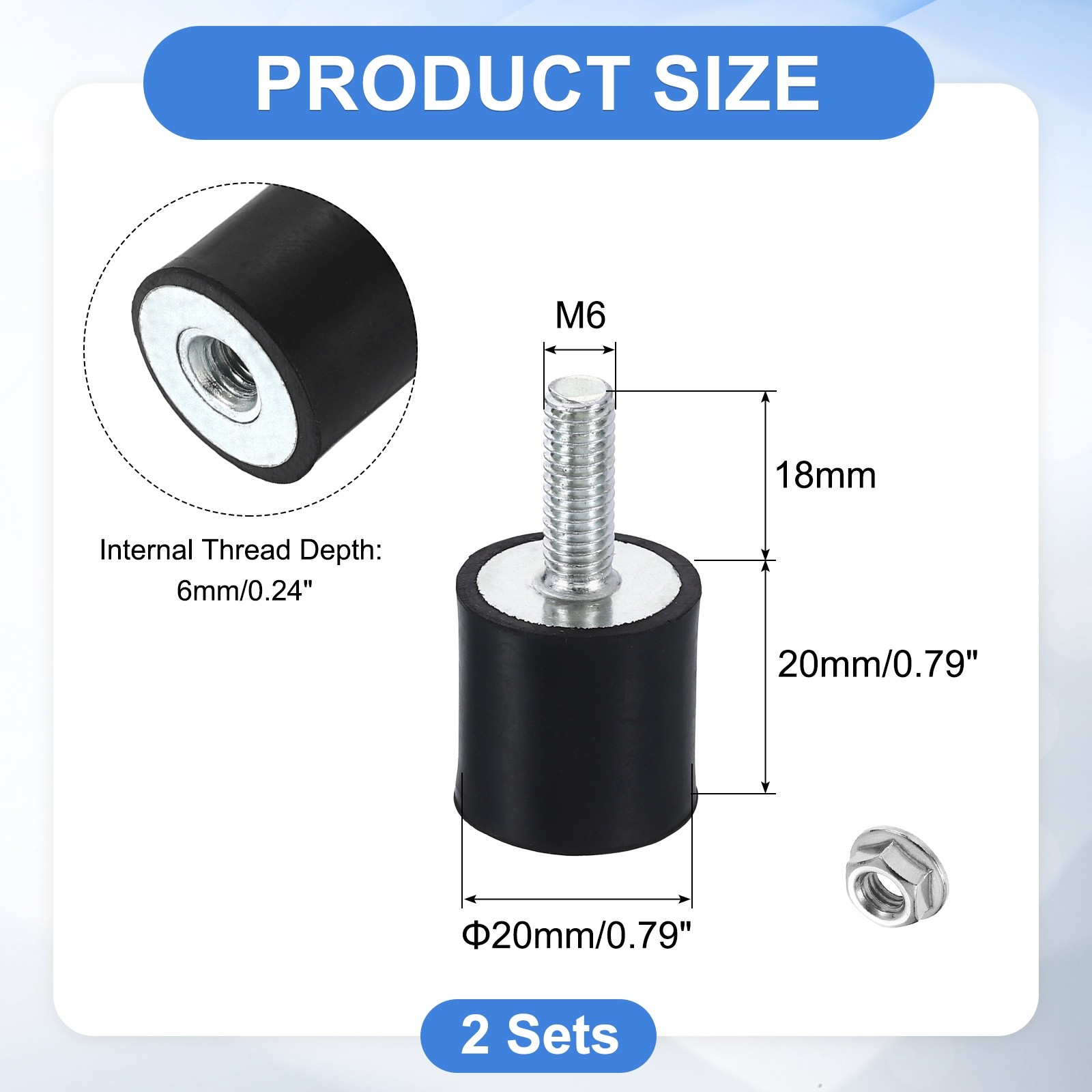2Pcs M6x18mm Rubber Mounts, 20x20mm(DxH) Rubber Shock Absorber Mount with Nuts