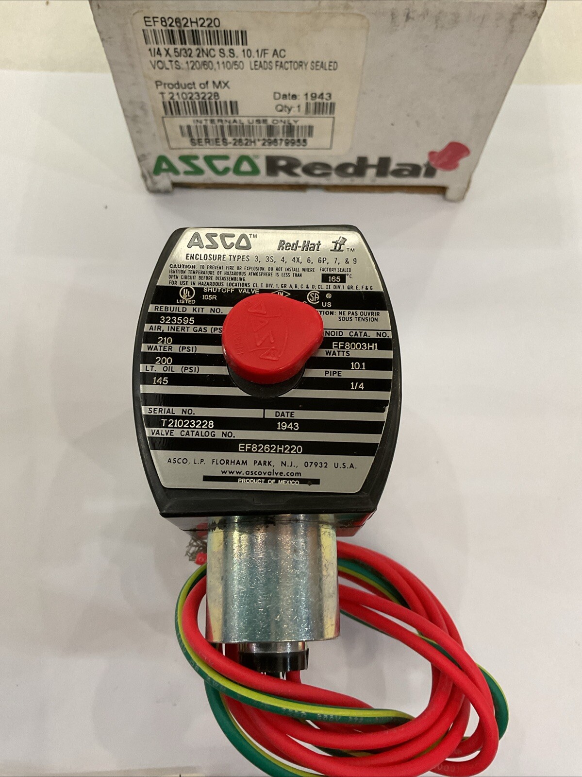 ASCO RedHat Brass Solenoid Valve EF8262H220 120V 1/4” FNPT