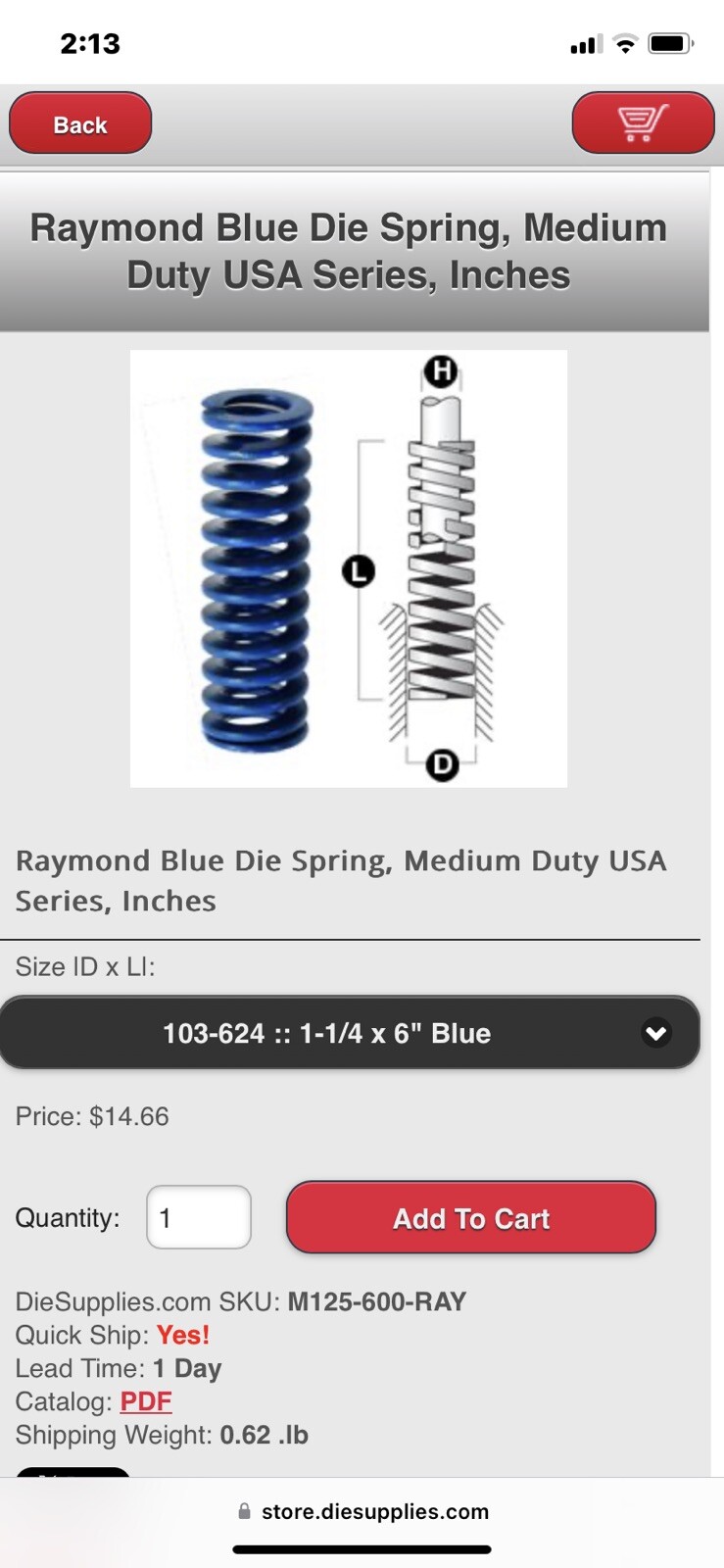 1-1/4 X 6 Inch Die Spring 103624 Medium Duty Blue Raymond Coil