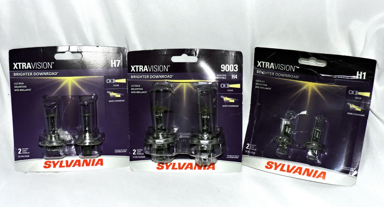 3 packs Auto Headlights Bulbs New Sylvania Xtra Vision 9003, H7, and H1 Lot