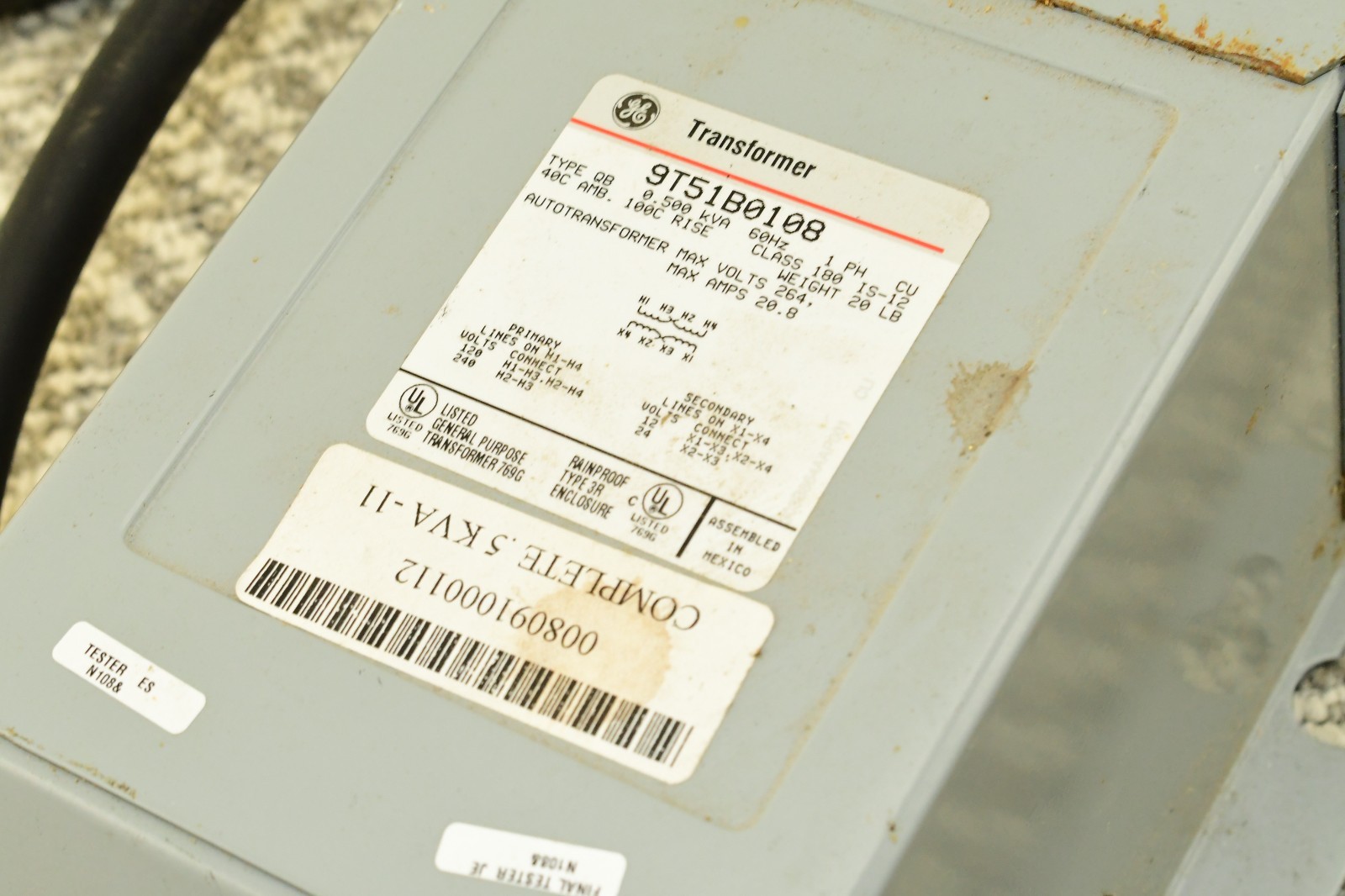 GE 9T51B0108 0.500 KVA 1 Phase 3R Enclosed Transformer 120 240 to 12/24v